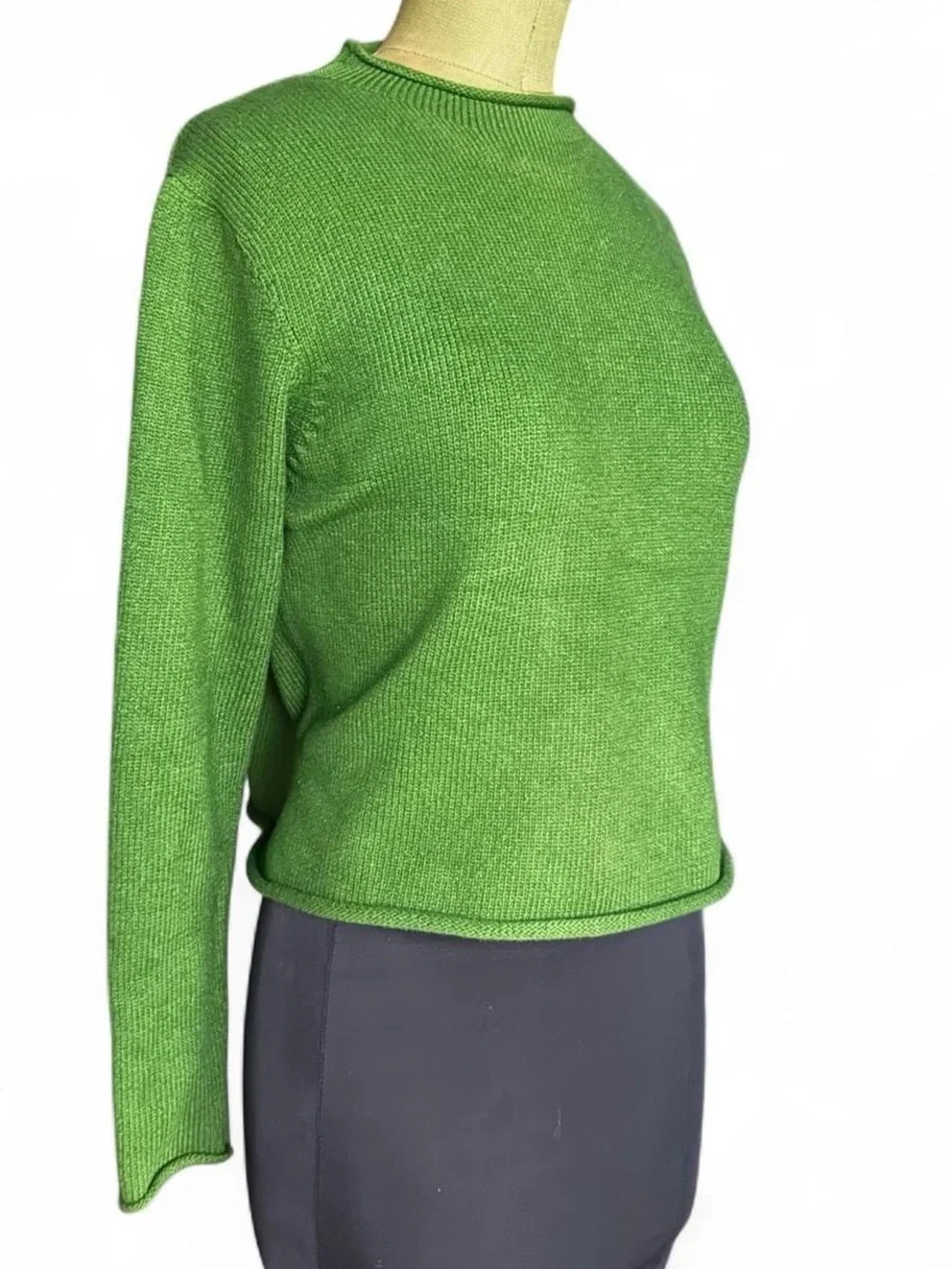 Vintage Eileen Fisher Ribbed Knit Cotton Sweater Green Crew Neck Small